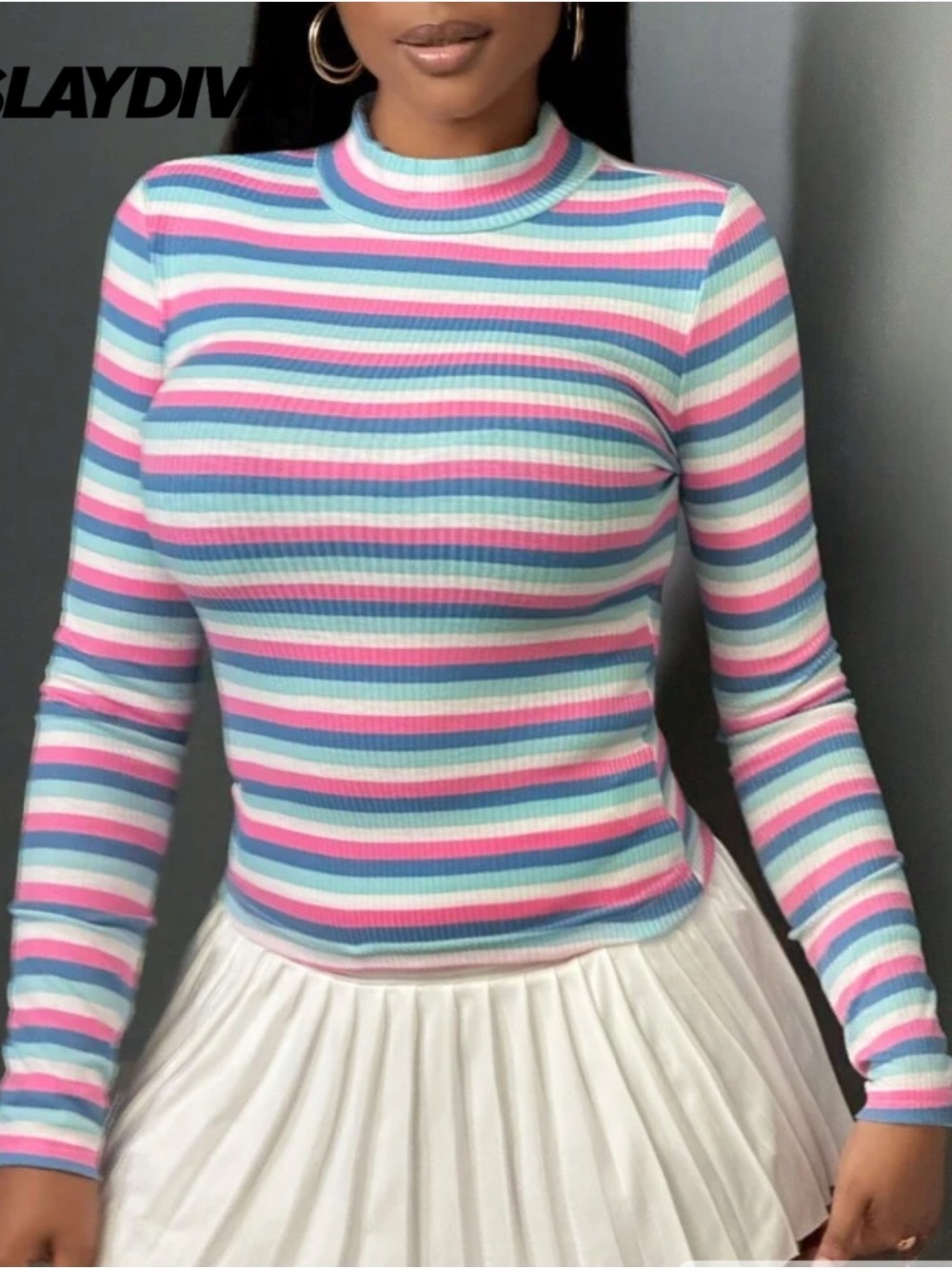 SHEIN Multicolor Striped Mock Neck Long Sleeve Top
